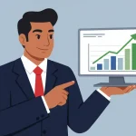 Una brújula apuntando hacia un gráfico de crecimiento financiero, simbolizando el cálculo de rentabilidad para un negocio
