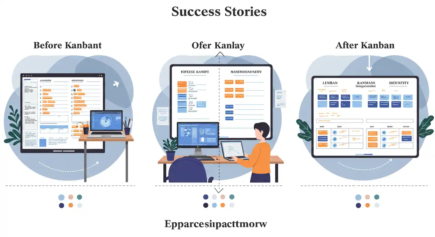 Collage showing three success cases with before and after Kanban implementation