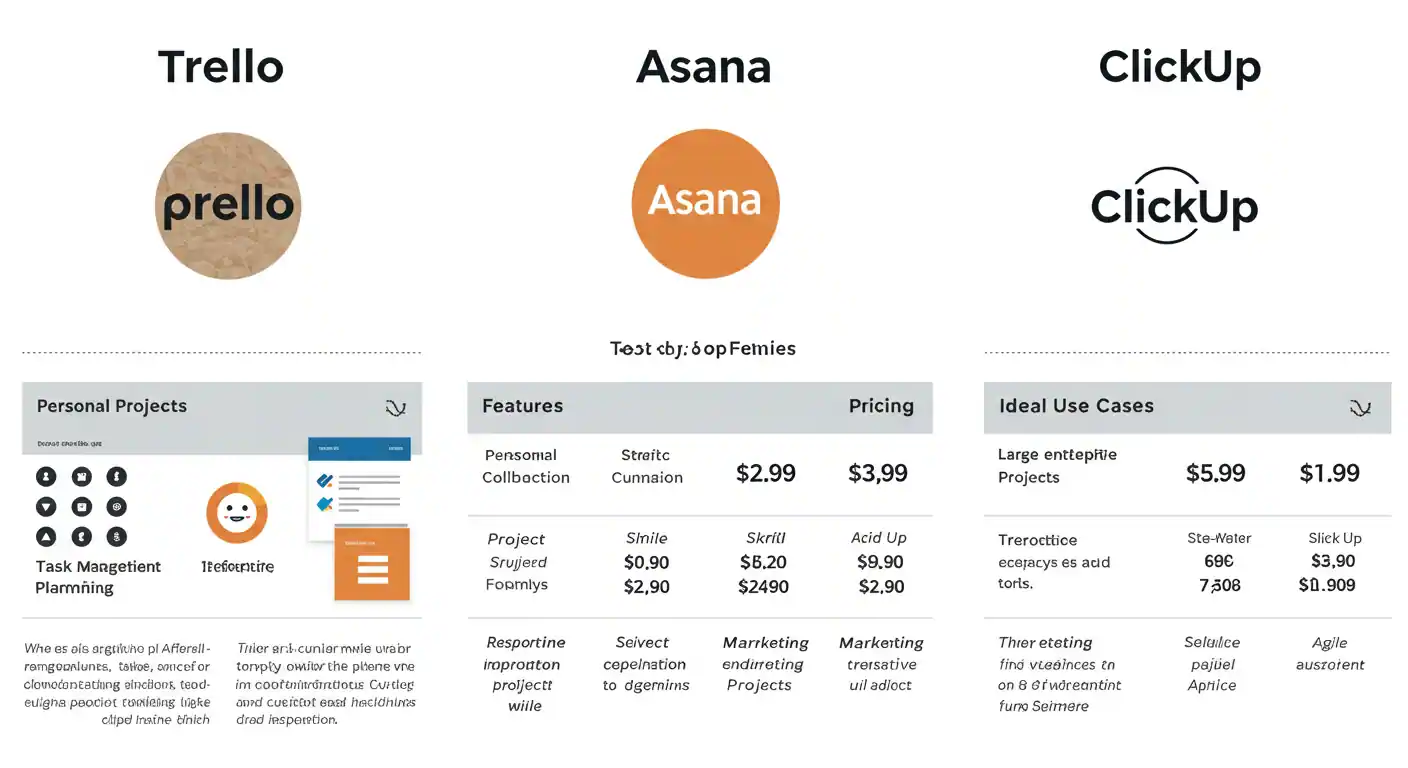 Visual comparison table of Trello, Asana, and ClickUp showing main features, pricing, and ideal use cases