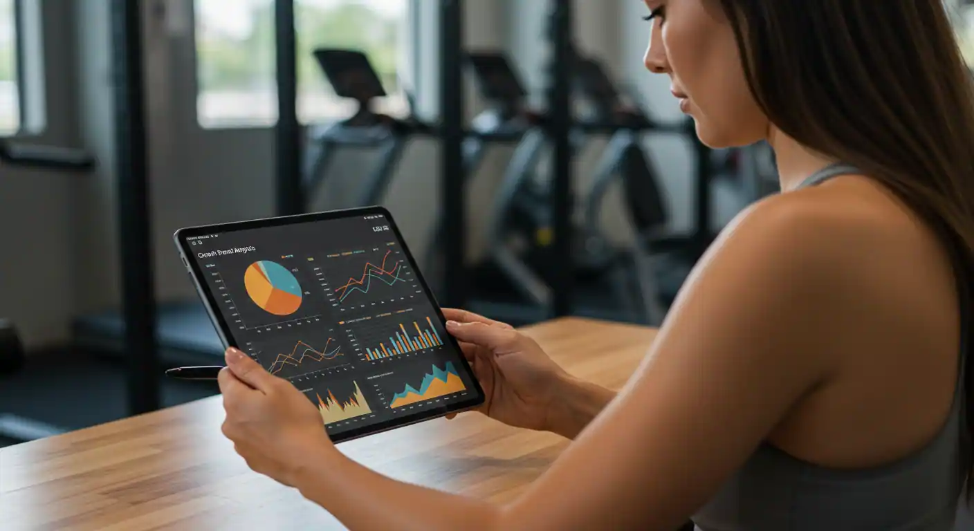 Propietario de gimnasio analizando métricas en tablet con gráficos de crecimiento y KPIs
