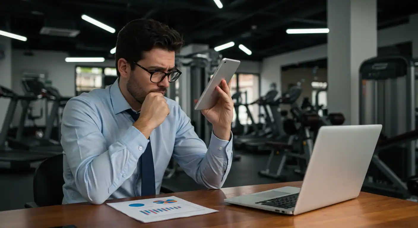 Propietario de gimnasio español analizando métricas de competencia y problemas de retención de clientes