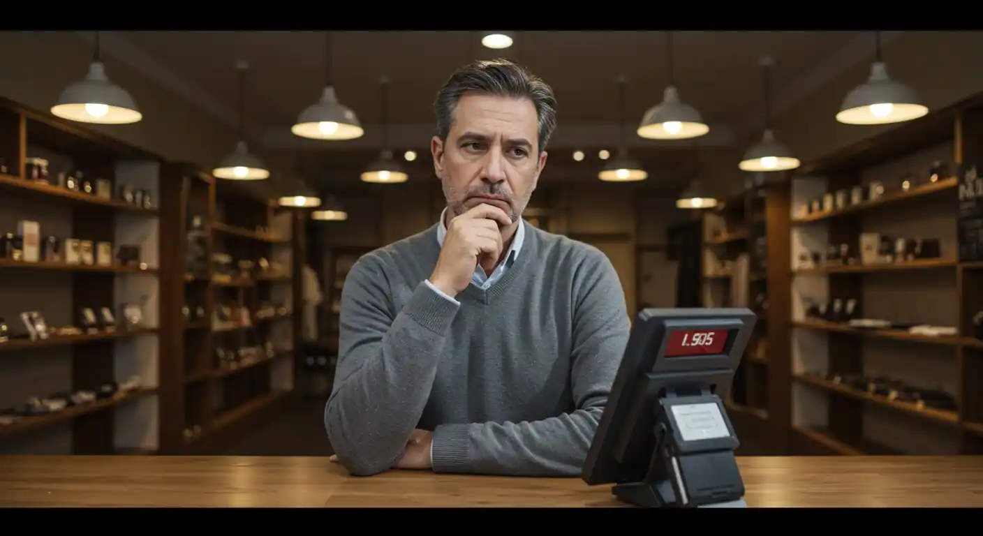 Un empresario español preocupado mirando su TPV (Terminal Punto de Venta) con pocas ventas, en un local con encanto en una ciudad española