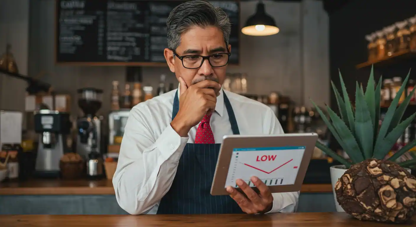 Un empresario mexicano preocupado revisando una tablet con gráficos de ventas bajos, en un local con decoración mexicana