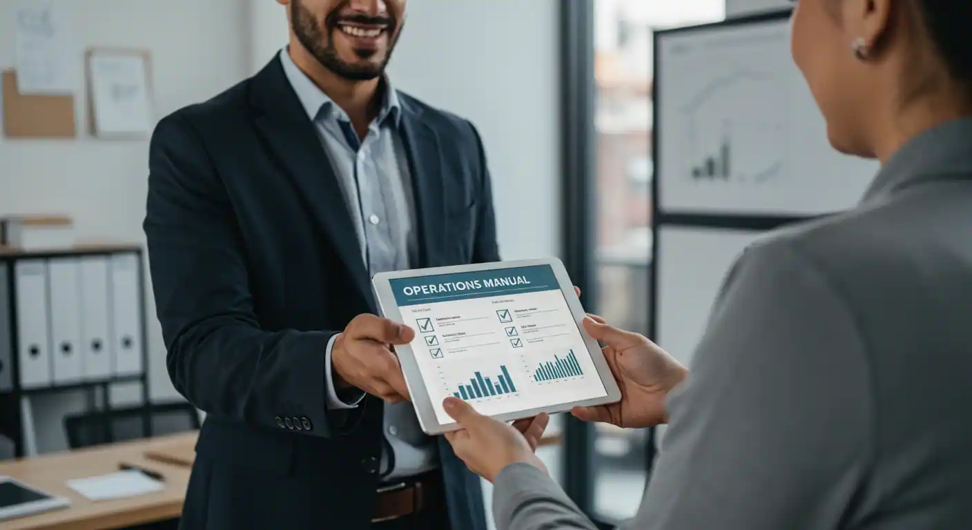 Small business owner confidently handing over a well-organized operations manual to a new team member