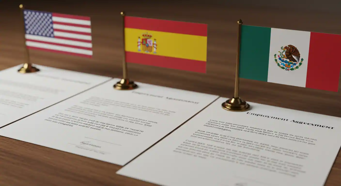 Ilustración de tres documentos de contrato con pequeñas banderas de USA, España y México, simbolizando las diferencias legales