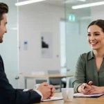 Dueña de una pequeña empresa sonriendo mientras entrevista a un candidato en un ambiente relajado y profesional, creando una conexión positiva.