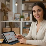Dueña de una pequeña empresa sonriendo con confianza mientras revisa el presupuesto de su negocio en una tablet.