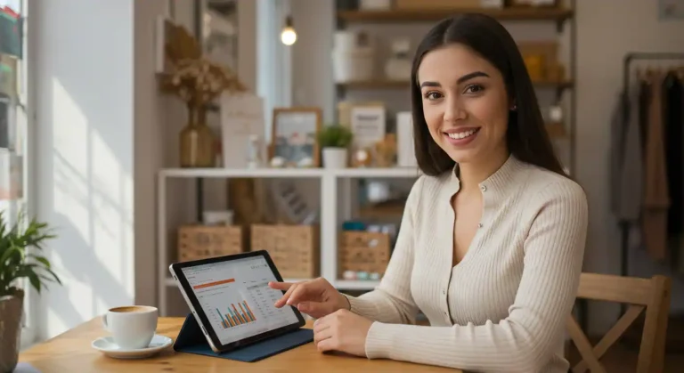 Dueña de una pequeña empresa sonriendo con confianza mientras revisa el presupuesto de su negocio en una tablet.