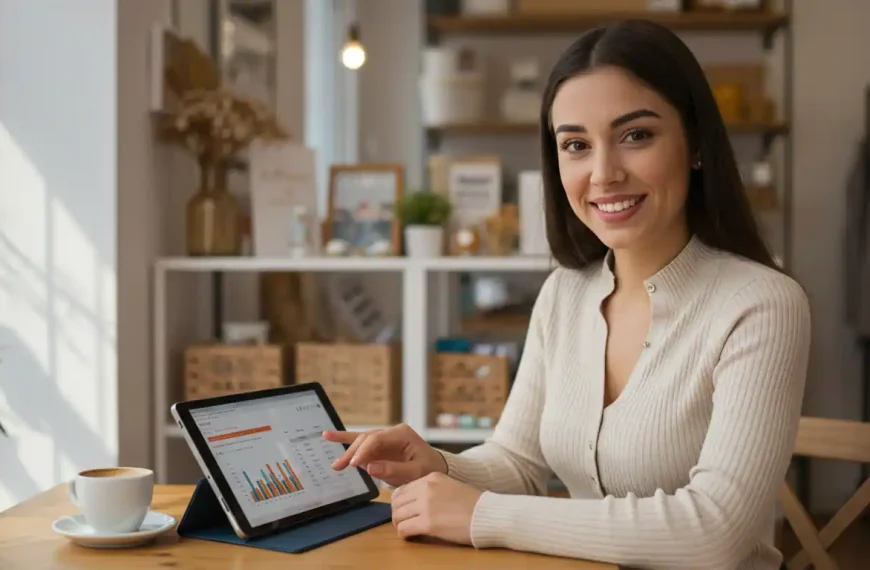 Dueña de una pequeña empresa sonriendo con confianza mientras revisa el presupuesto de su negocio en una tablet.