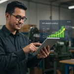 Emprendedor mirando con confianza un dashboard simple y claro en su tablet, con gráficos de KPIs de ventas, finanzas y marketing.