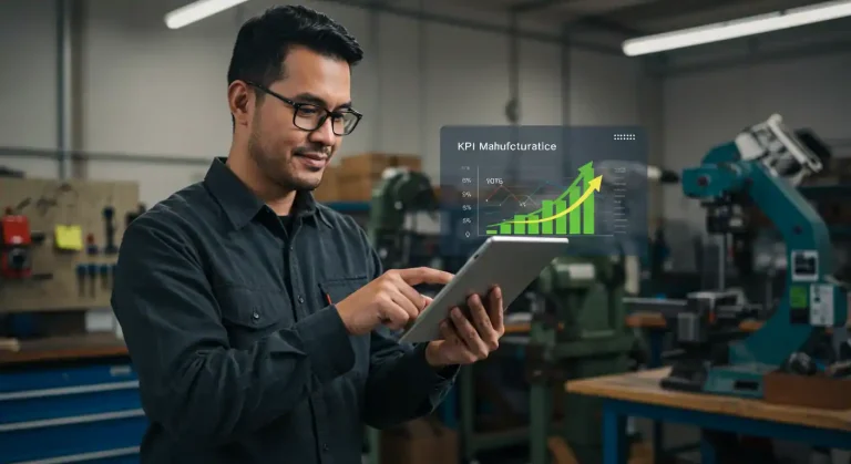 Emprendedor mirando con confianza un dashboard simple y claro en su tablet, con gráficos de KPIs de ventas, finanzas y marketing.