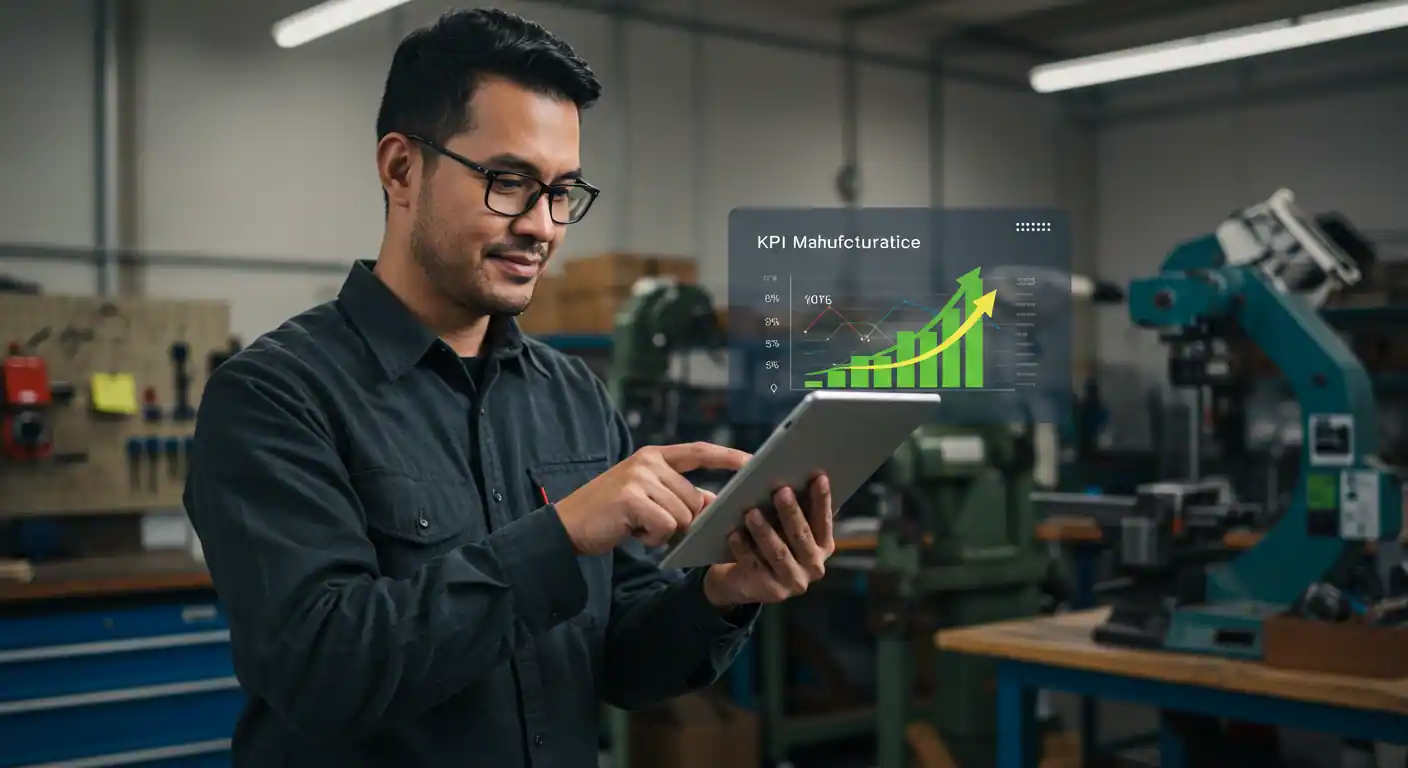 Emprendedor mirando con confianza un dashboard simple y claro en su tablet, con gráficos de KPIs de ventas, finanzas y marketing