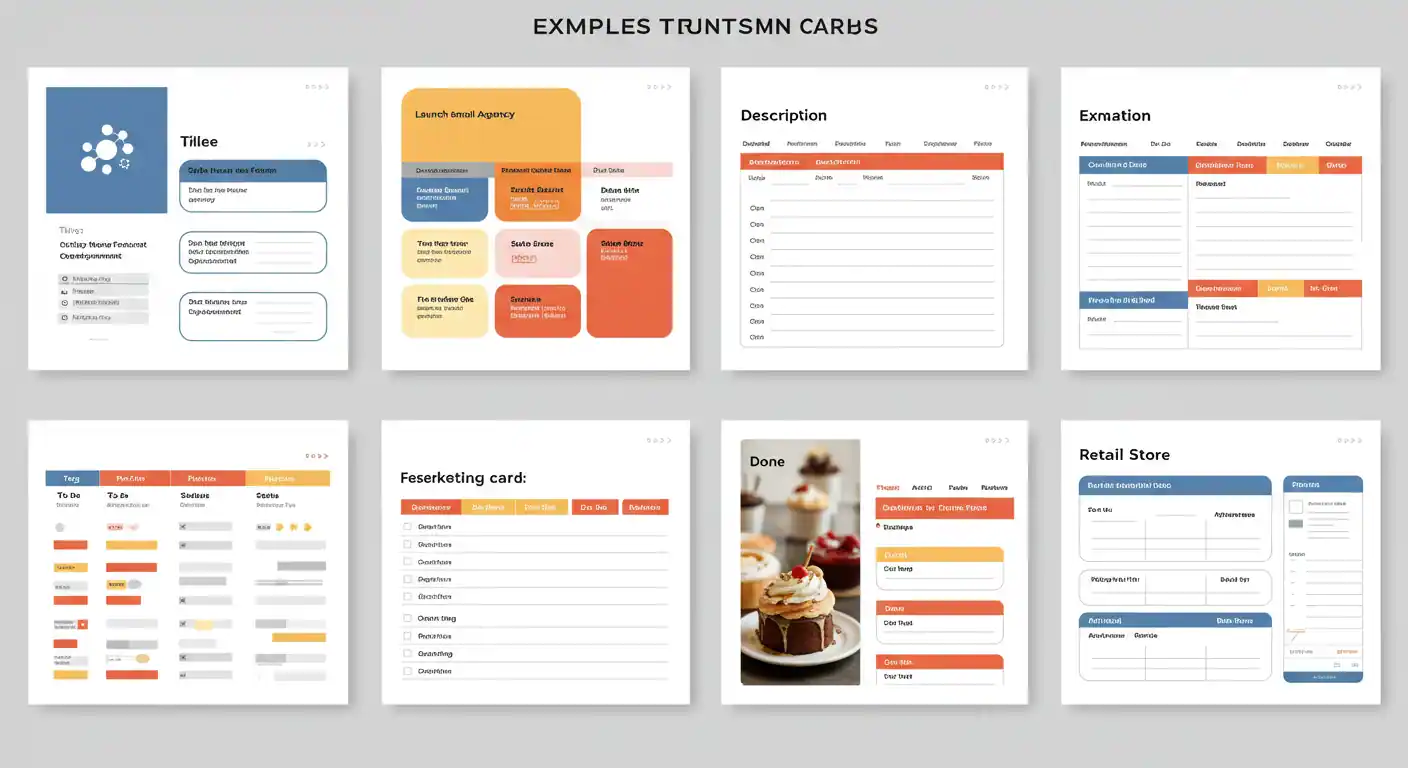 Examples of well-structured Kanban cards for different business types with all elements identified