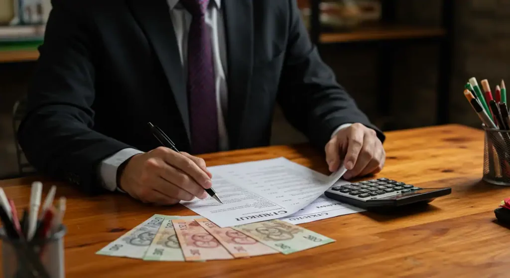 Emprendedor mexicano revisando presupuesto de su PYME con calculadora, billetes y documentos en su negocio local