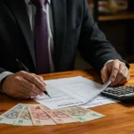 Emprendedor mexicano revisando presupuesto de su PYME con calculadora, billetes y documentos en su negocio local