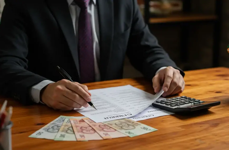 Emprendedor mexicano revisando presupuesto de su PYME con calculadora, billetes y documentos en su negocio local
