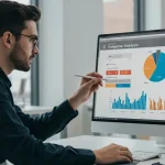 Emprendedor enfocado y con gesto de claridad, trabajando frente a un monitor que muestra un análisis comparativo de tres marcas competidoras.