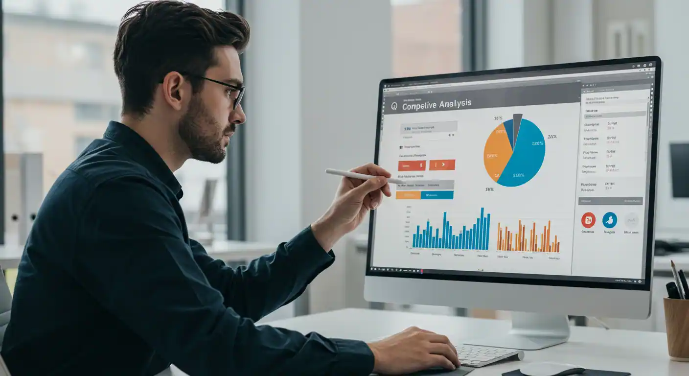 Emprendedor enfocado y con gesto de claridad, trabajando frente a un monitor que muestra un análisis comparativo de tres marcas competidoras
