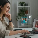 Joven emprendedor sonriendo mientras interactúa con una interfaz de IA en su laptop, con ideas de posts y borradores de texto visibles en la pantalla.
