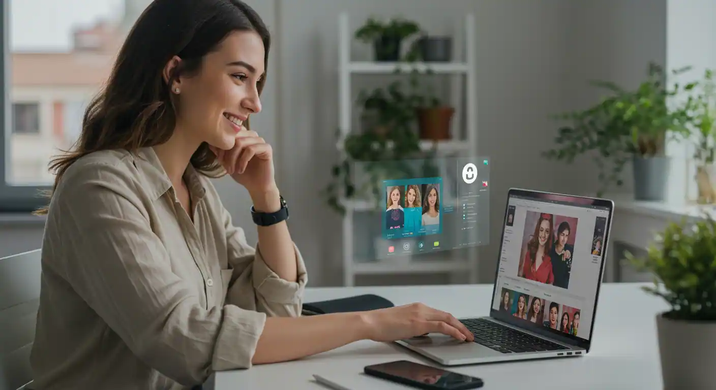 Joven emprendedor sonriendo mientras interactúa con una interfaz de IA en su laptop, con ideas de posts y borradores de texto visibles en la pantalla