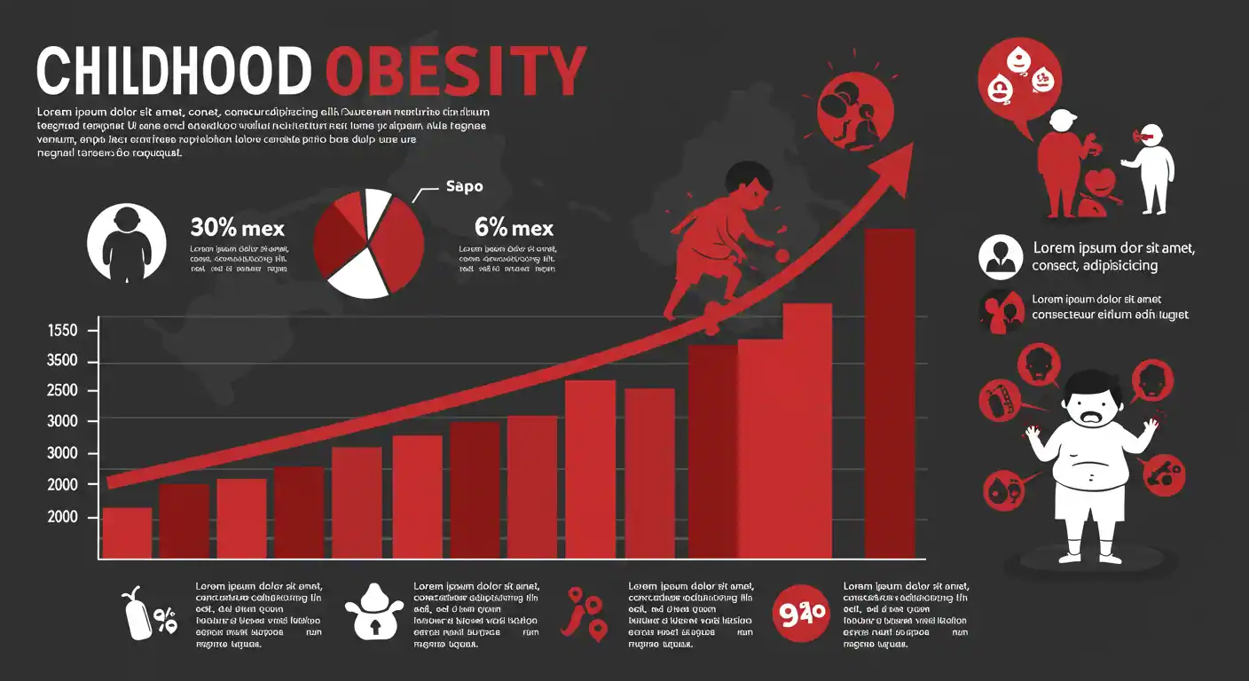 Infografía mostrando estadísticas de obesidad infantil en México con gráficos preocupantes