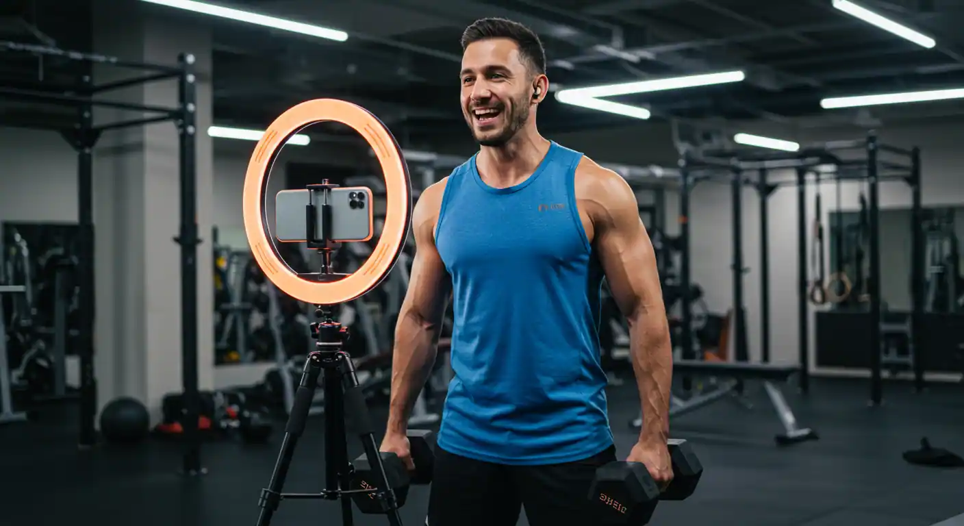 Influencer fitness grabando video en gimnasio con ring light y smartphone en trípode