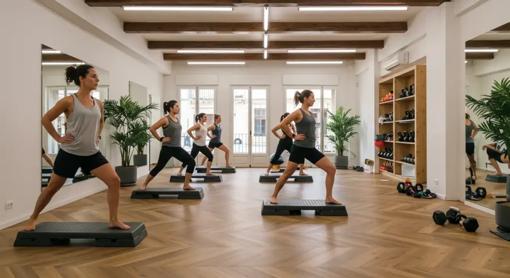 Interior moderno de gimnasio boutique en EspaÃ±a con grupo pequeÃ±o entrenando con instructor profesional