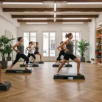 Interior moderno de gimnasio boutique en España con grupo pequeño entrenando con instructor profesional