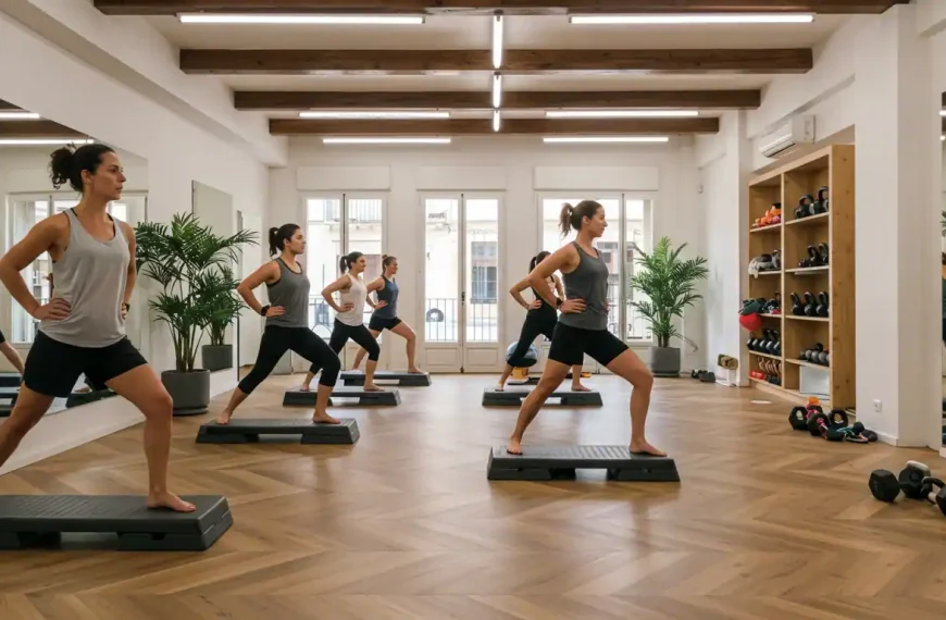 Interior moderno de gimnasio boutique en España con grupo pequeño entrenando con instructor profesional