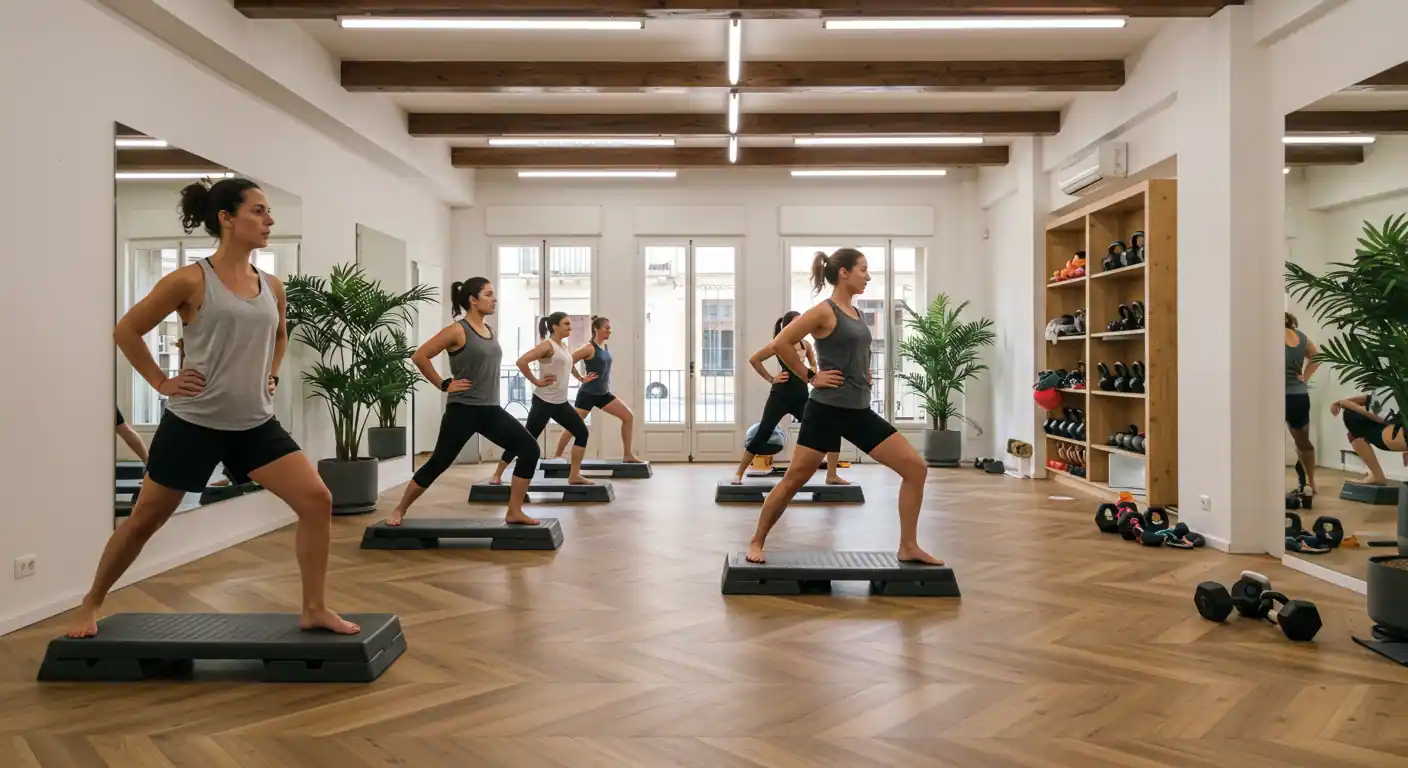 Interior moderno de gimnasio boutique en España con grupo pequeño entrenando con instructor profesional