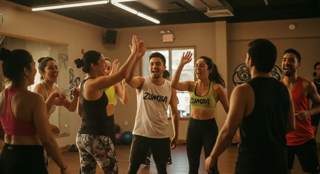 Grupo diverso de latinos celebrando con energía después de una clase de fitness en un gimnasio moderno en USA.