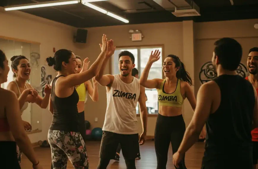 Grupo diverso de latinos celebrando con energía después de una clase de fitness en un gimnasio moderno en USA.