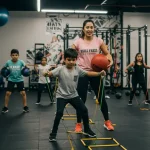 Niños mexicanos ejercitándose felices en gimnasio especializado con entrenador certificado