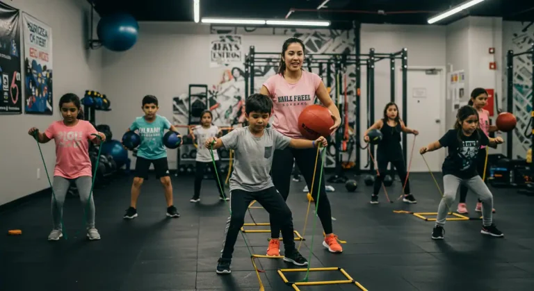 Niños mexicanos ejercitándose felices en gimnasio especializado con entrenador certificado