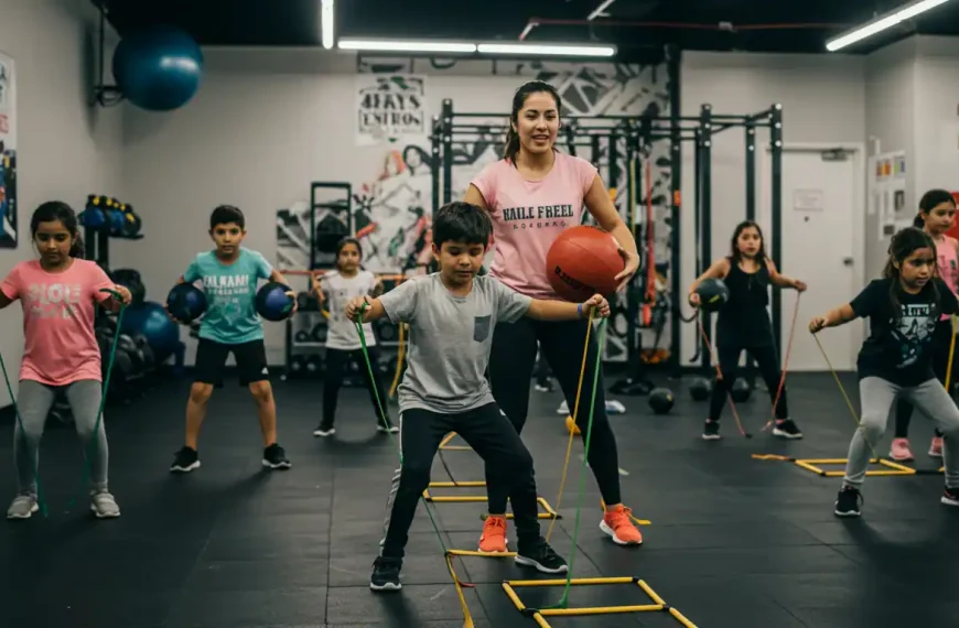 Niños mexicanos ejercitándose felices en gimnasio especializado con entrenador certificado
