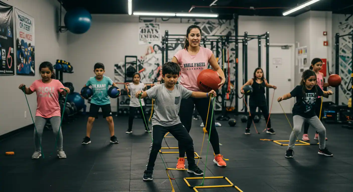 Niños mexicanos ejercitándose felices en gimnasio especializado con entrenador certificado