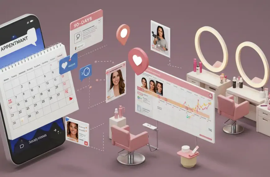 Agenda de salón de belleza llena de citas con calendario de 90 días y herramientas de marketing digital