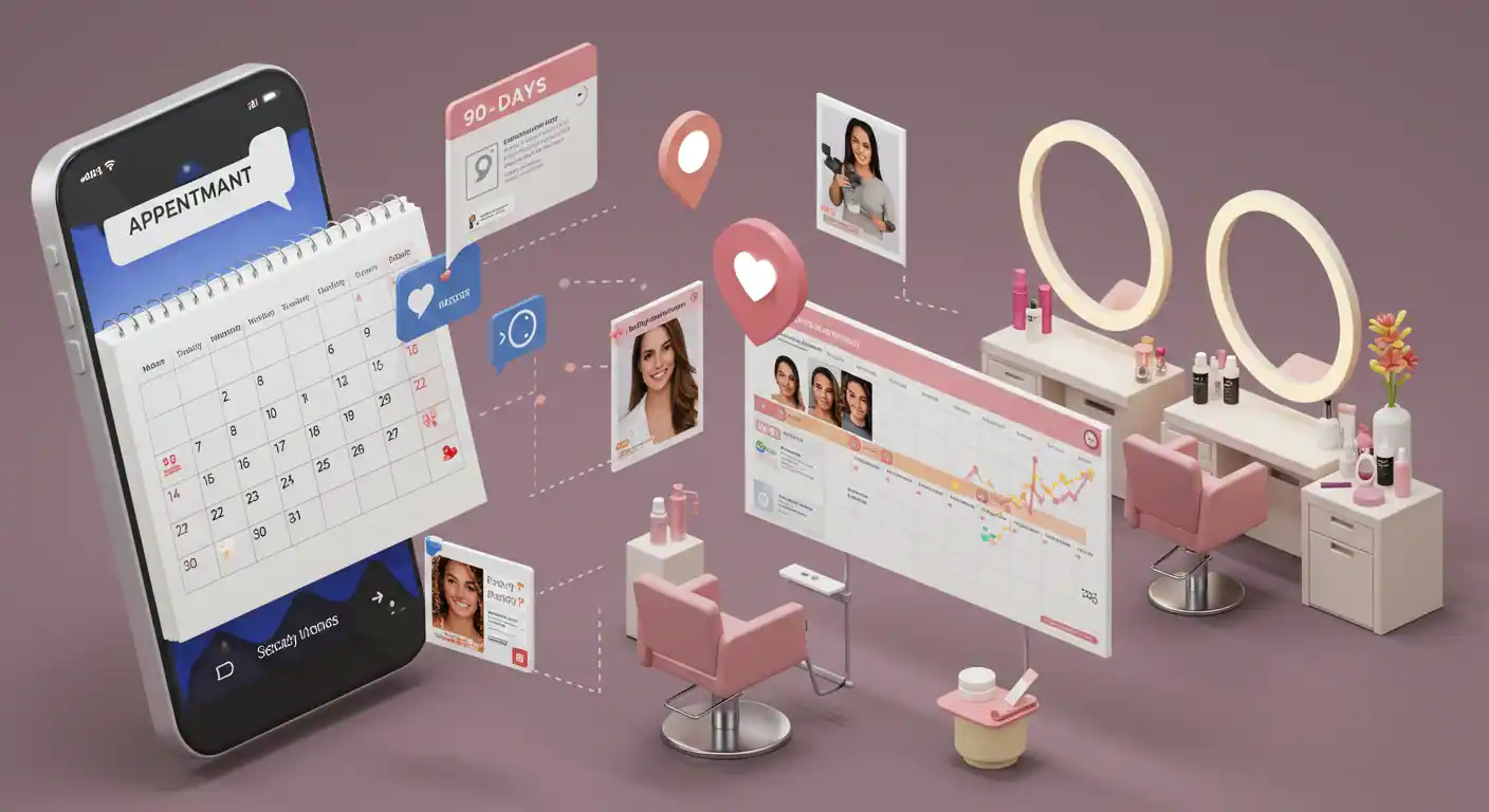 Agenda de salón de belleza llena de citas con calendario de 90 días y herramientas de marketing digital