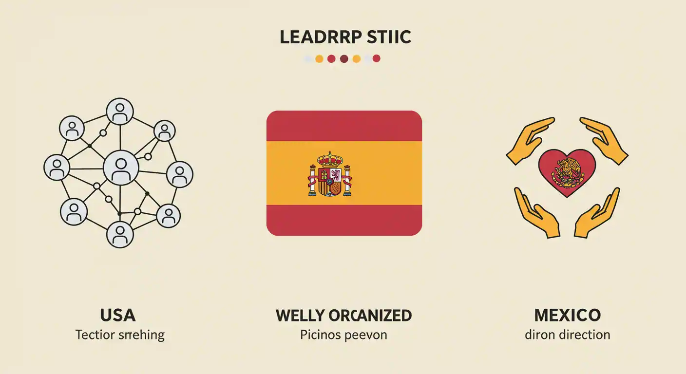 Tres iconos abstractos que representan diferentes estilos de liderazgo: una red colaborativa, una estructura organizada y un corazón central