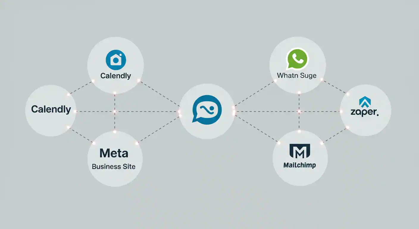 Iconos de herramientas de automatización como Calendly, WhatsApp Business y Zapier conectados por líneas digitales