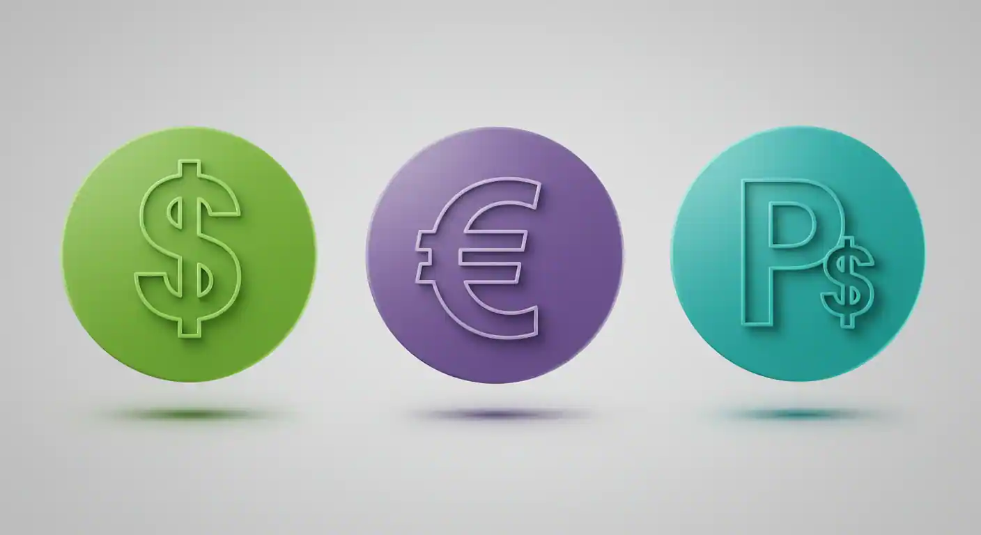 Infografía con los símbolos de Dólar, Euro y Peso Mexicano, representando las consideraciones financieras en USA, España y México