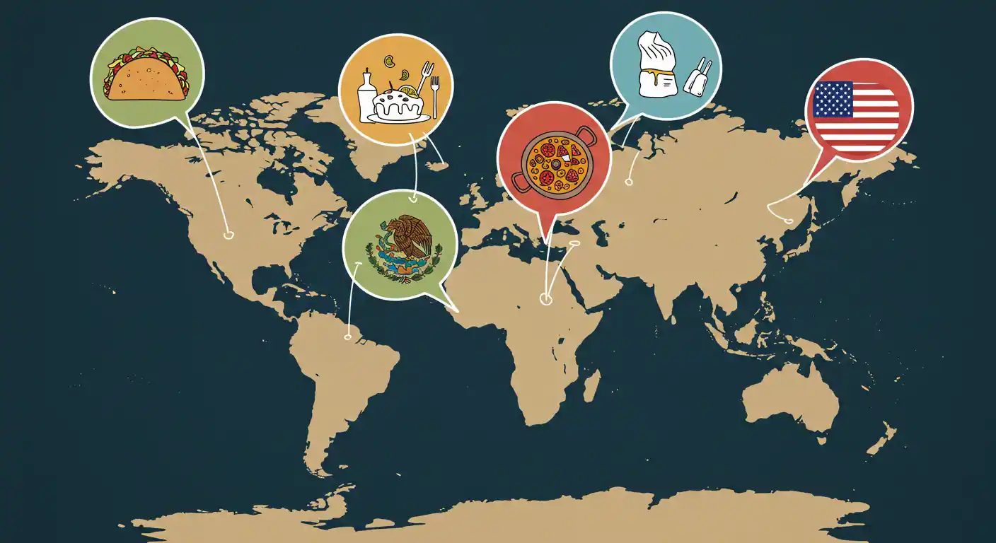 Un mapa con puntos en México, España y USA, mostrando cómo un plan de crecimiento para restaurantes se adapta a cada cultura