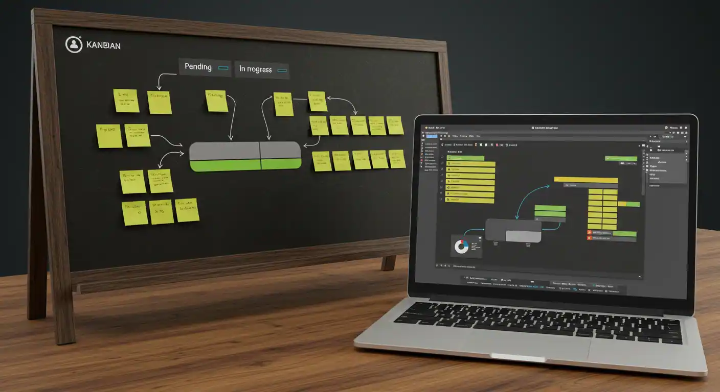 Physical and digital Kanban boards showing organized workflow with task cards in motion