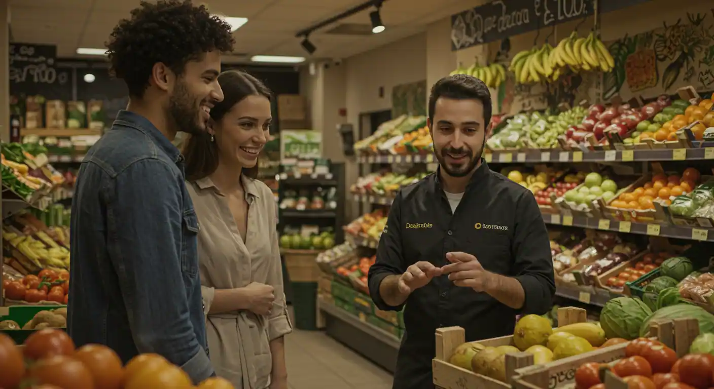 Un cliente satisfecho en una tienda española, recibiendo una solución a su problema en lugar de un producto genérico