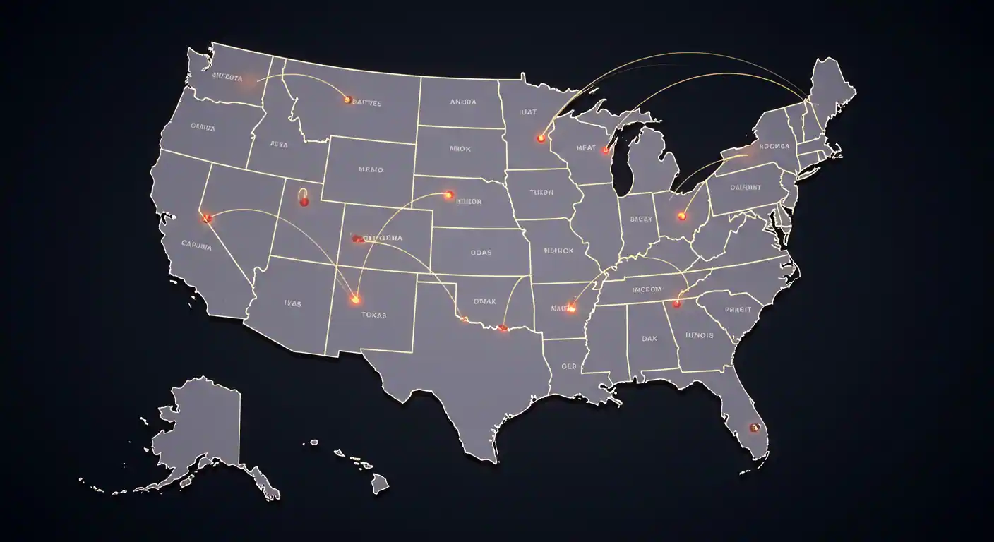 Un mapa de USA con puntos brillantes en estados como Florida, Texas y California, mostrando el poder del mercado latino