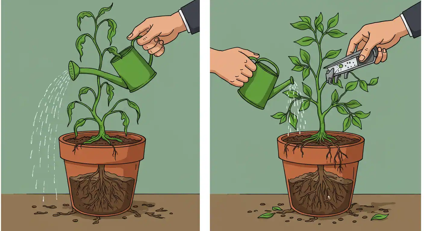 Una persona regando una planta con las raíces secas y dañadas, simbolizando el error de enfocarse solo en las ventas sin arreglar la base del negocio
