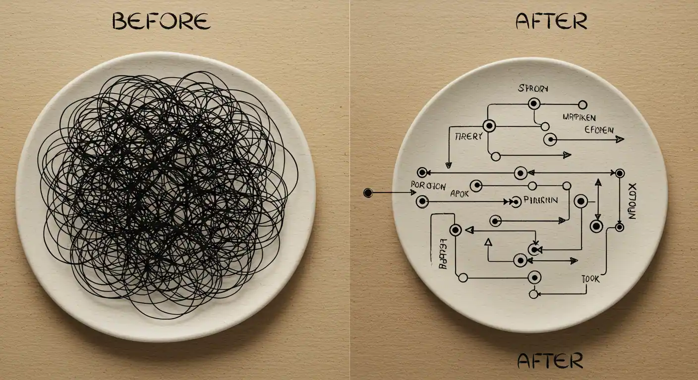 Business owner analyzing workflow transformation from chaos to optimized process