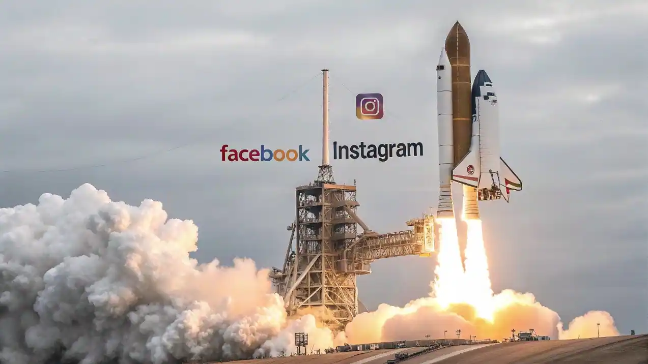 Rocket ship with Facebook and Instagram logos taking a business to new levels of customers and sales growth