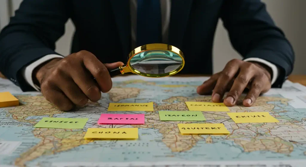 Una persona (dueÃ±o de negocio) usando una lupa para analizar un mapa de palabras clave, conectando ideas y clientes