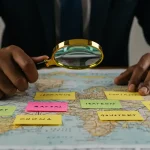 Una persona (dueño de negocio) usando una lupa para analizar un mapa de palabras clave, conectando ideas y clientes